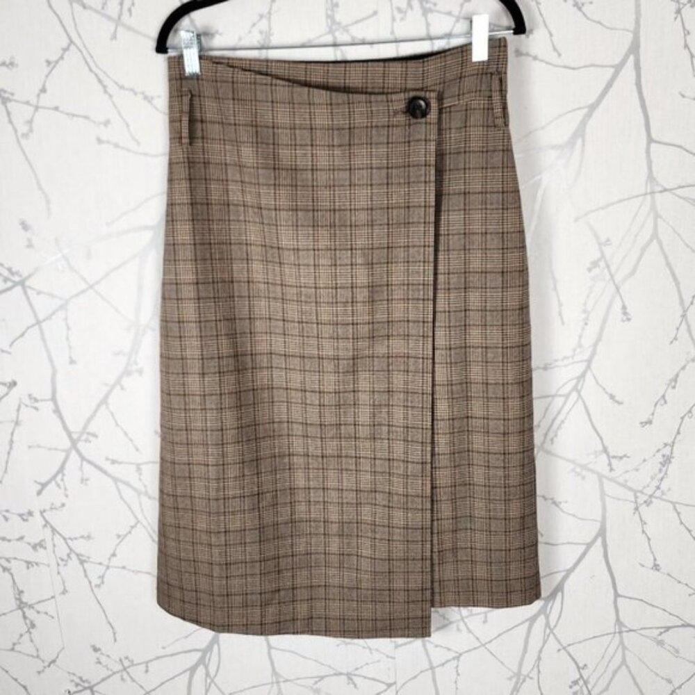 Contemporaine Tan Plaid 40% Wool Blend Midi Pencil Skirt